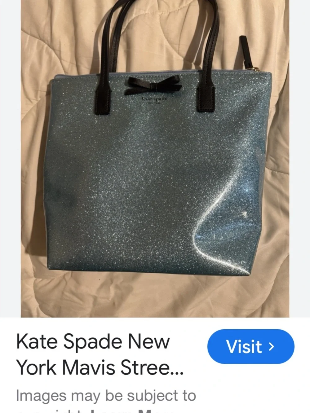 Kate Spade Sparkle Bow Tote Bag in Silver glitter tote